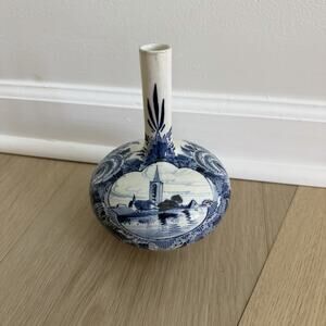 Vintage Delft Blue Hand Painted Ceramic Vase Floral Landscape